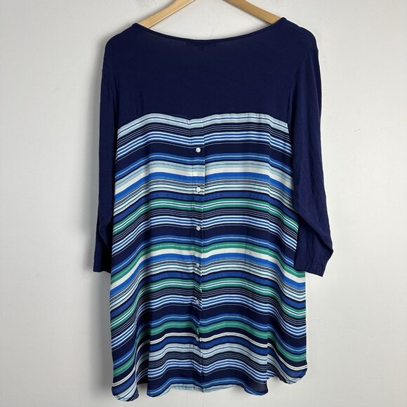 Rose + Olive Womens Tunic Blouse Shirt Top Size 1X Navy Stripes Back Slit - Picture 3 of 8